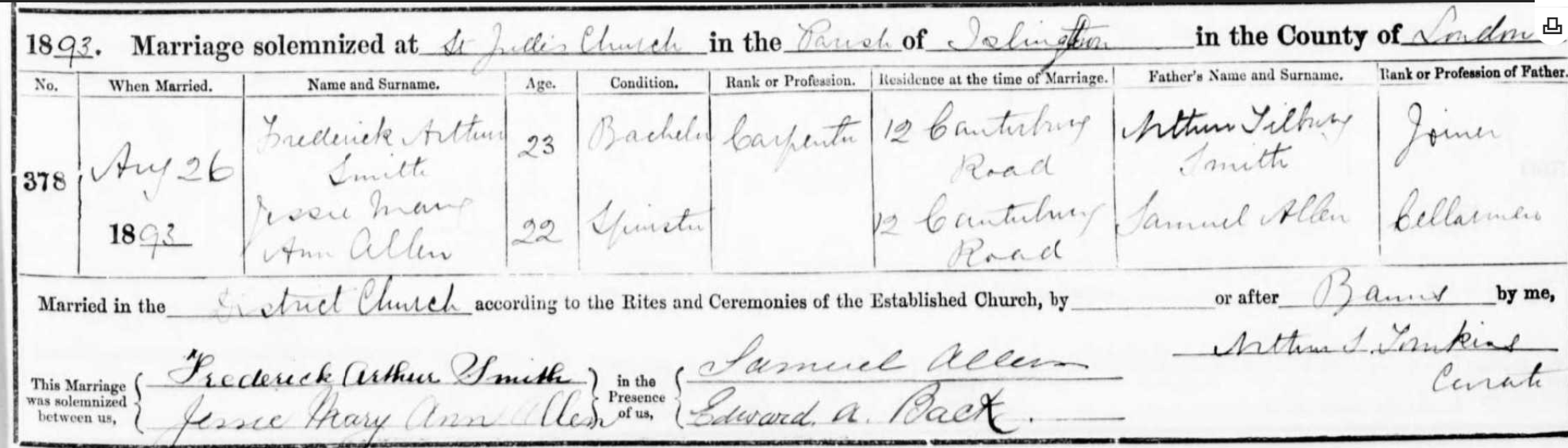 Church Marriage Record Jessie Mary Ann Allen and Frederick Arthur Smith 1893